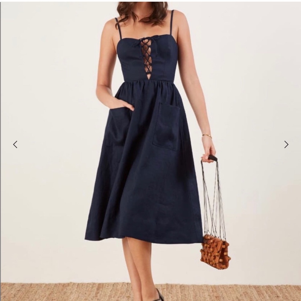 Reformation Ellen Navy Blue linen midi dress sz 0